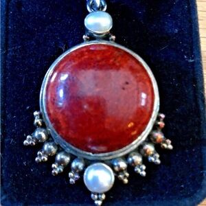 Beautiful Vintage Silver, Pearl and Coral Pendant Made in India